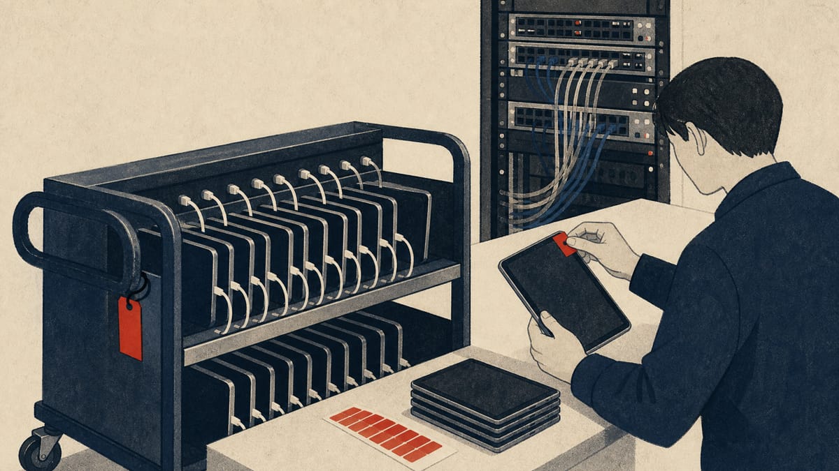 Editorial illustration of student tablet devices being configured on carts with a school network rack in the background.