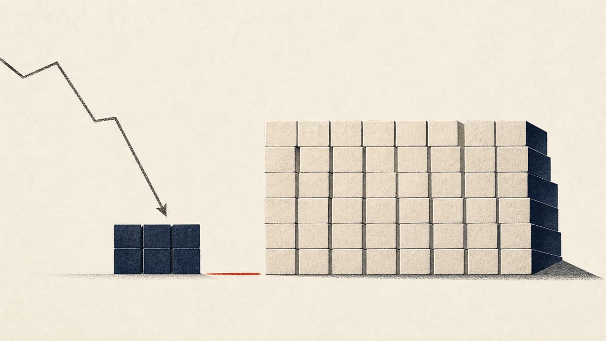 Editorial illustration of an ownership register with a small block of ordinary shares beside a much larger block of subscription-right tokens and a downward holding-ratio line.