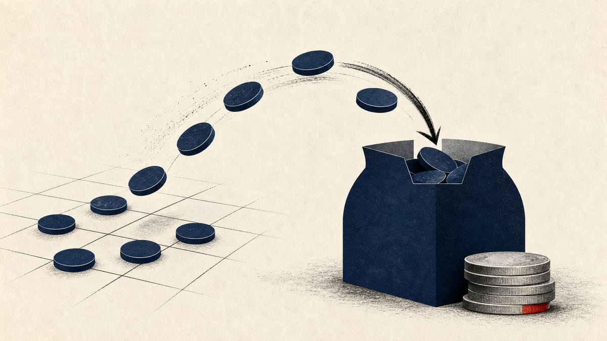 Abstract editorial image of share tokens moving into a treasury container beside a nearly exhausted stack of yen-denominated discs.