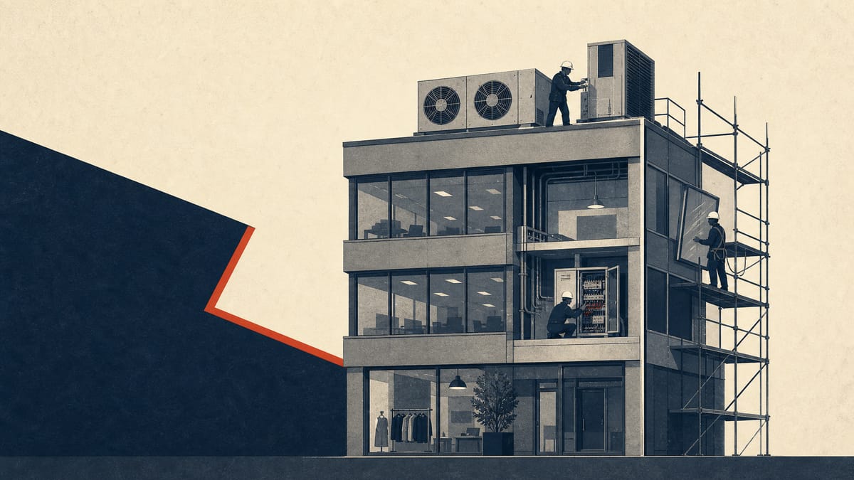 Illustration of a commercial building being retrofitted with new rooftop equipment and electrical upgrades.