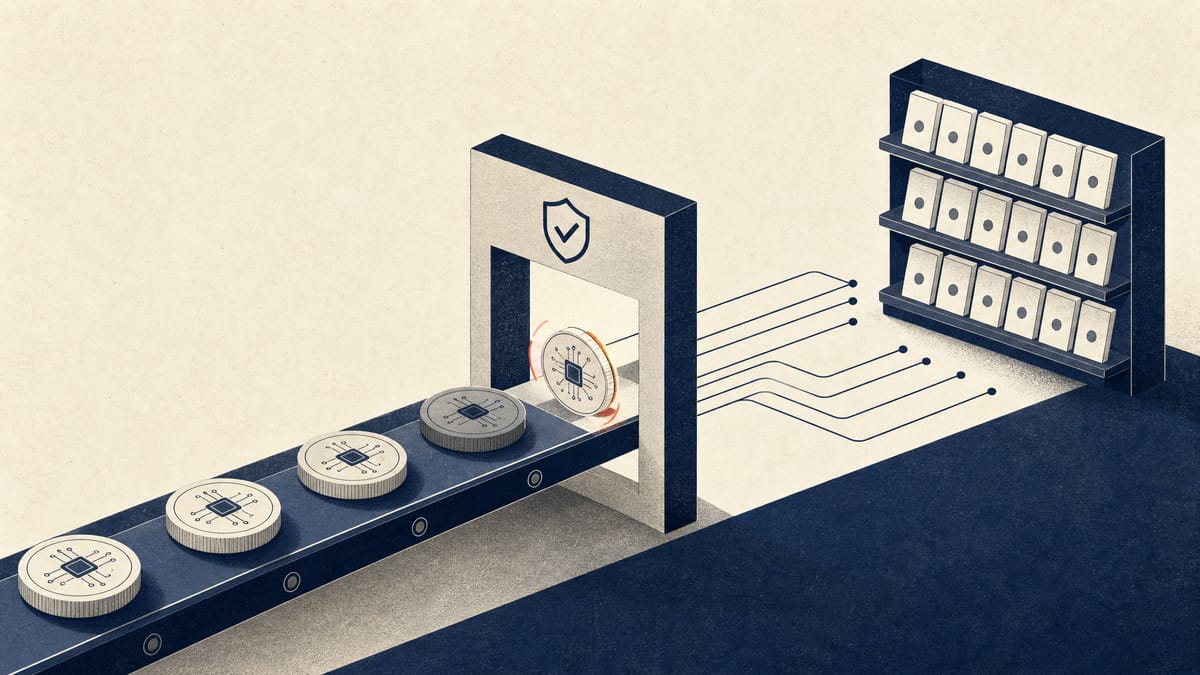 Editorial illustration of numbered registration plaques and digital token-like objects passing through a compliance checkpoint.