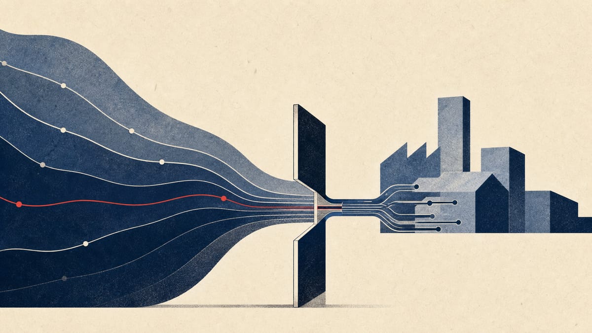 Abstract editorial image of yen bond curves and investment flows feeding into industrial and financial network shapes.