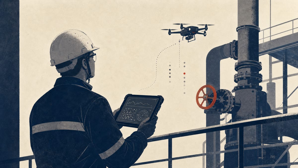A technician at an industrial facility checks sensor data while a small drone inspects pipes overhead.