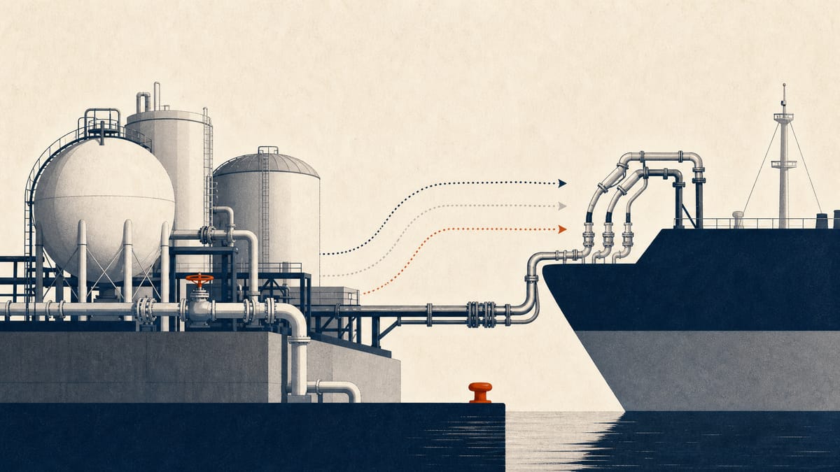 Editorial illustration of industrial fuel storage tanks, pipelines and transfer equipment for low-carbon fuel projects.