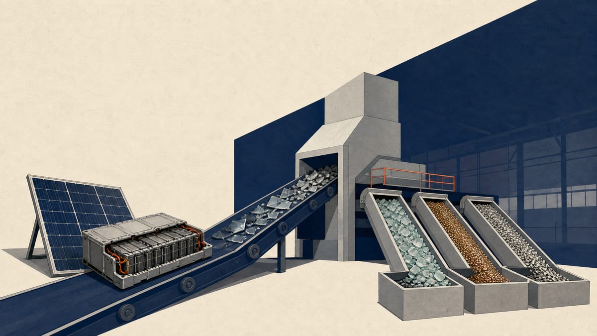 Editorial illustration of a recycling line processing old solar panels, vehicle battery modules, glass and recovered metal granules.