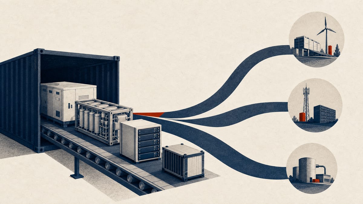 Editorial illustration of industrial equipment and container flows branching to overseas markets, representing Japanese demonstration projects and supply-chain diversification.