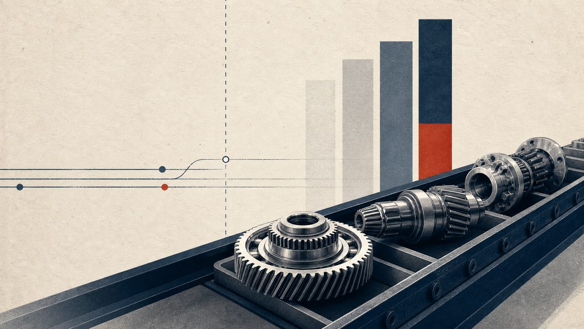 Editorial illustration of machined auto parts on a factory line with abstract ownership bars in the background.