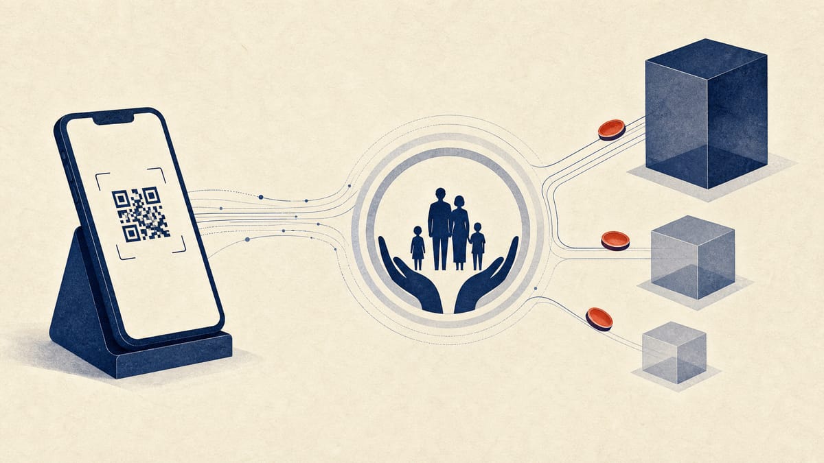 An editorial illustration of a payment platform connecting to a life insurer through layered ownership stakes.