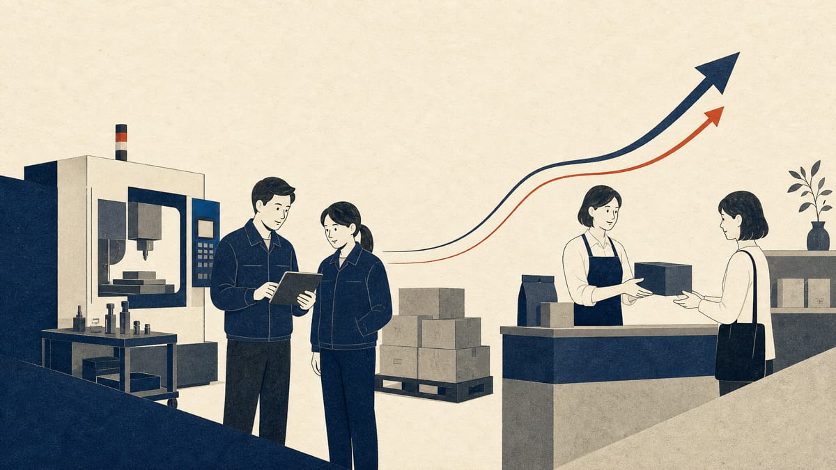 Editorial illustration of small-business staff using upgraded equipment and a tablet, symbolizing productivity-led wage growth support.
