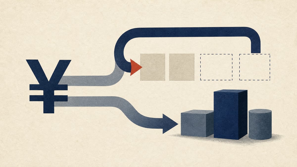 Abstract illustration of capital flows splitting between share repurchases and strategic investment.