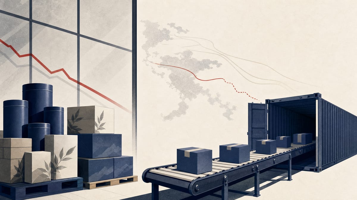 Editorial illustration of export cartons and wellness products in a warehouse, with disrupted shipping flows and a downward earnings line.