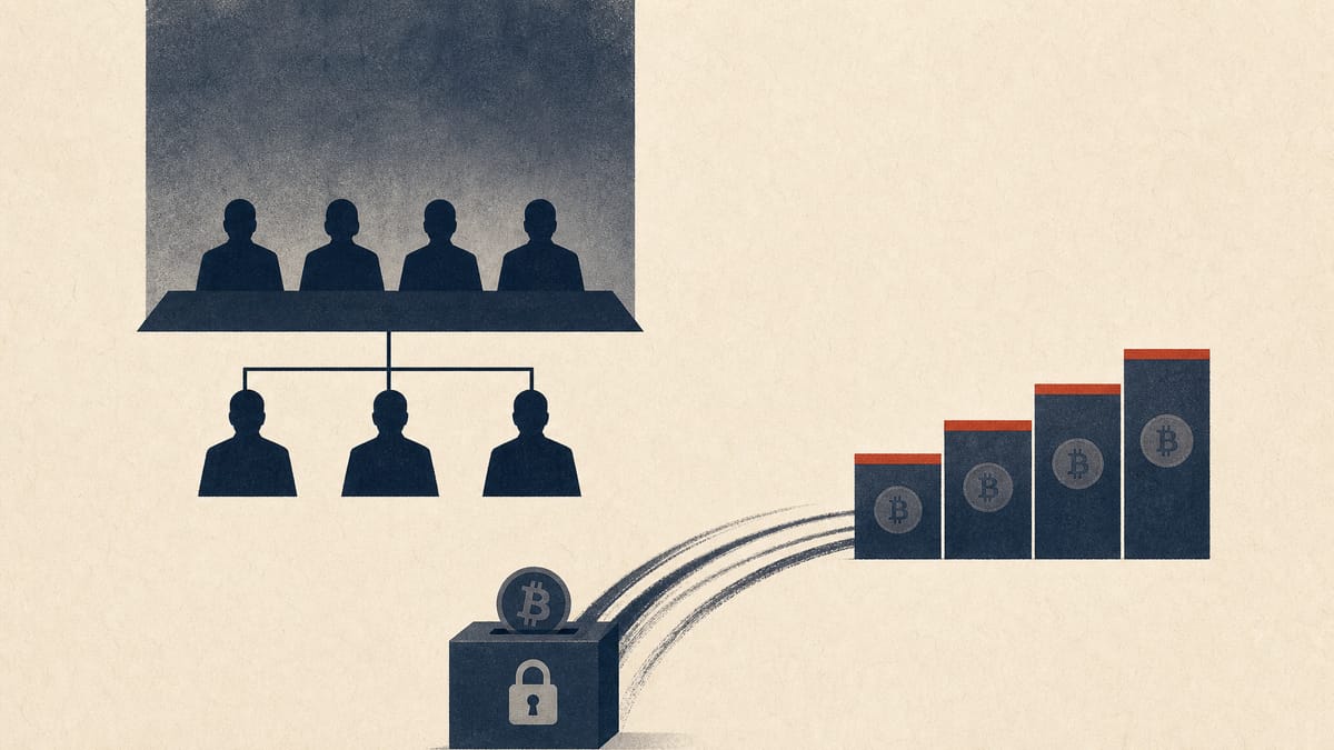 Editorial illustration of a company board reset, with director silhouettes, locked equity awards and stepped performance hurdles.
