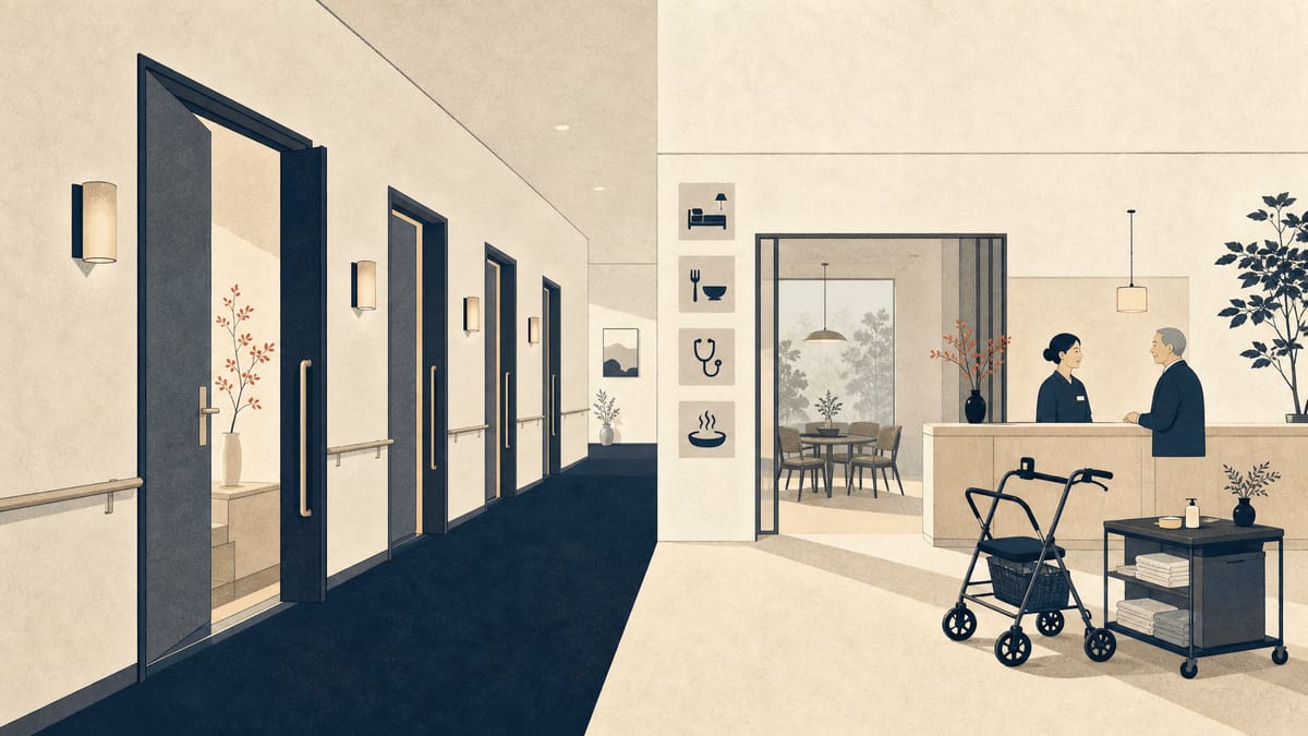 Illustration of a senior residential condominium with shared service areas such as reception, dining and clinic space.