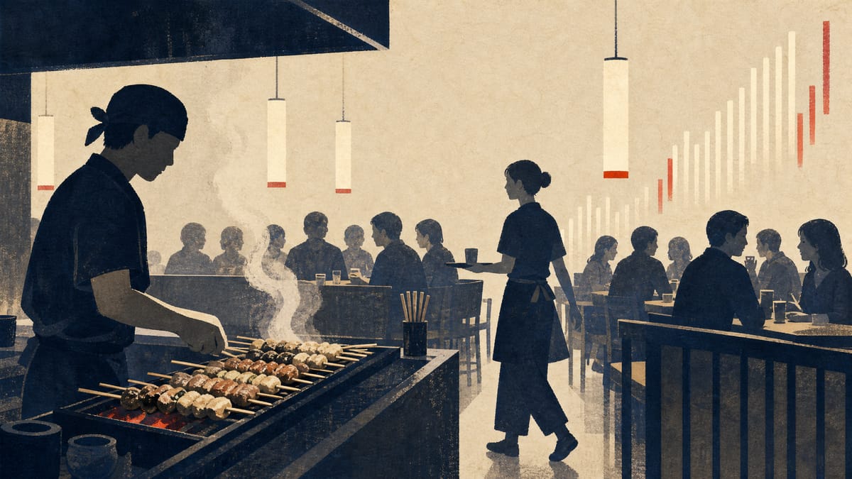 Editorial illustration of a busy yakitori grill and dining area, representing strong customer traffic and restaurant margins.