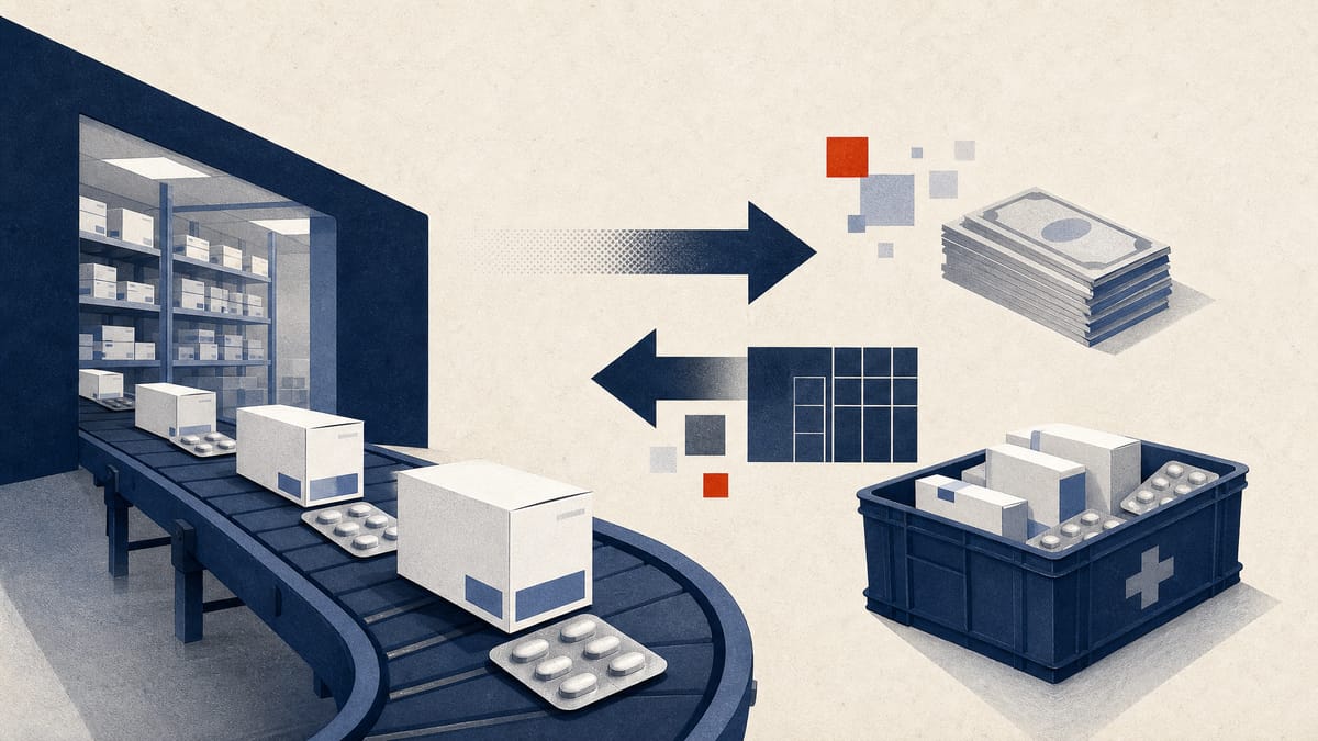 Editorial illustration of medicines moving through a warehouse, with abstract shapes suggesting cash and share-based deal financing.