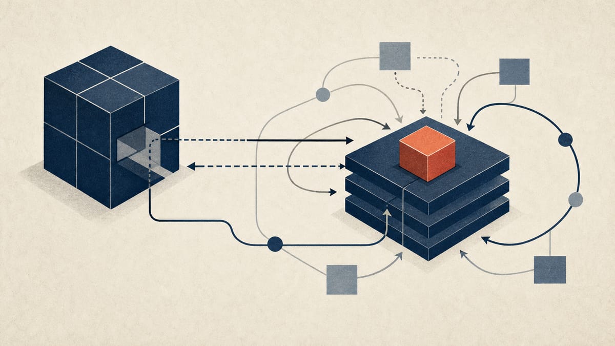 Abstract editorial image of ownership blocks connected by borrowing, lending and collateral lines.
