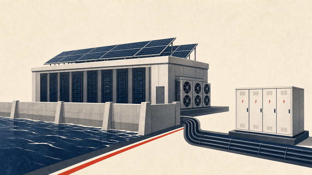 Editorial image of a data center site with solar panels, battery storage and protective infrastructure.