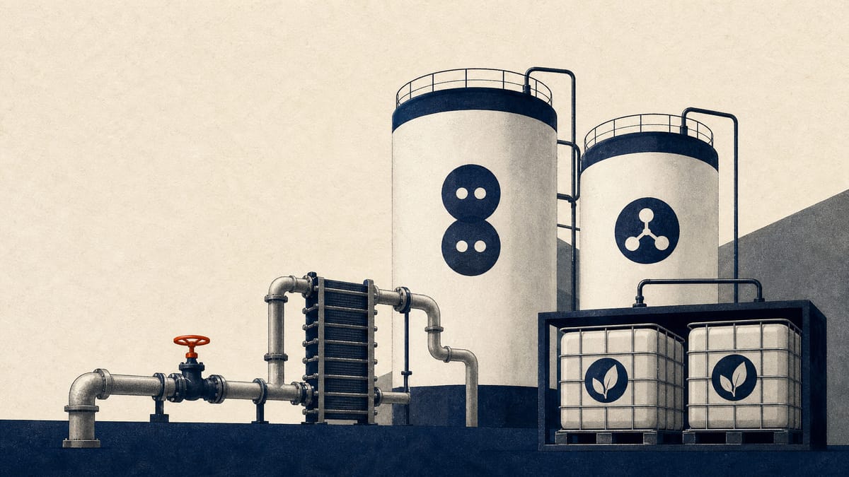 Editorial illustration of industrial tanks, piping and fuel containers representing hydrogen, ammonia, biofuels and cleaner energy infrastructure.