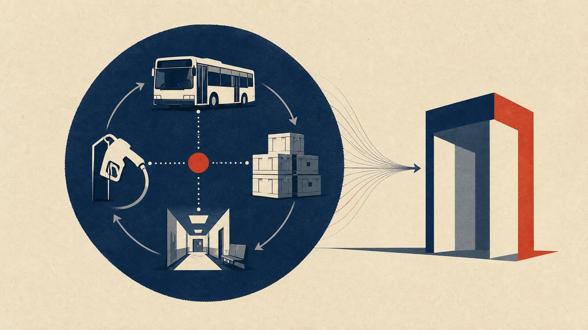 Illustration combining a bus, delivery crates, a clinic element and a fuel pump to represent essential services efficiency.