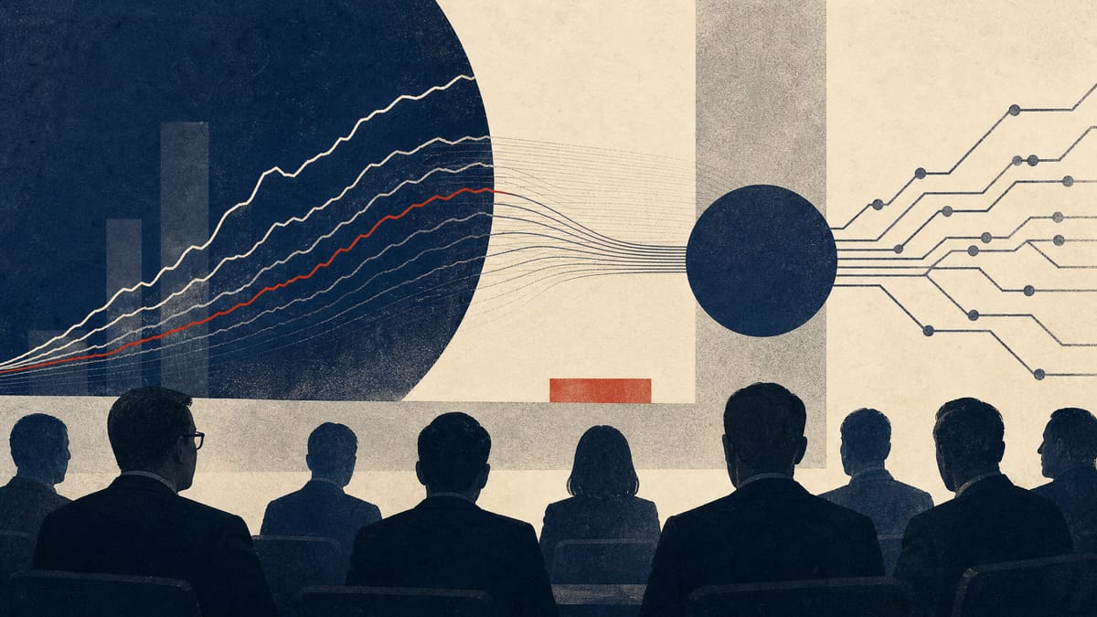 Abstract editorial image of yield curves and banking-network lines over a conference setting.