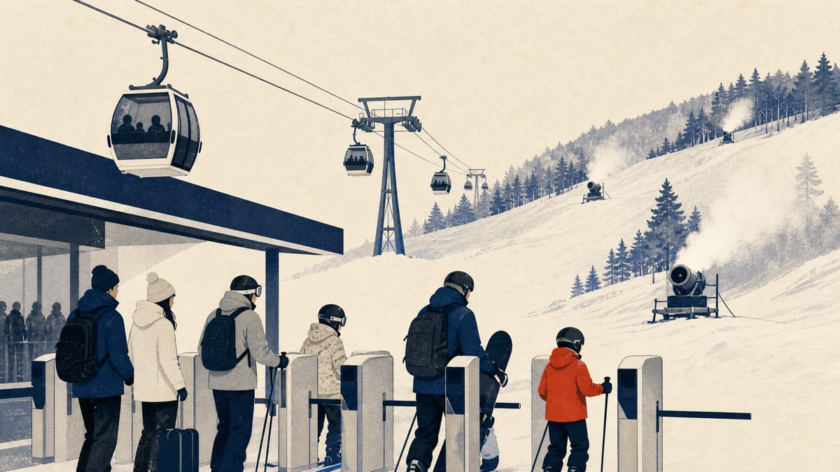 Editorial illustration of a ski resort base area with gondola cabins, lift gates and travelers in winter gear.
