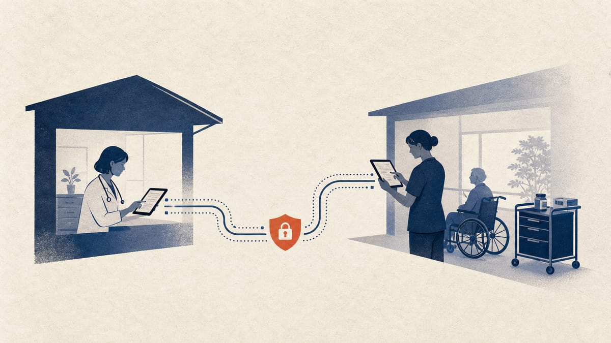 Editorial illustration of digital data links between a clinic and an elder-care facility, with tablets, care equipment and abstract network lines.