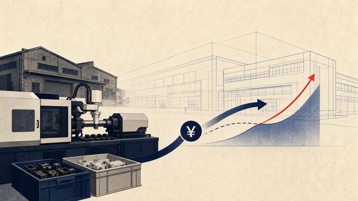 Editorial illustration showing an older factory giving way to a newer production line with capital allocation graphics.