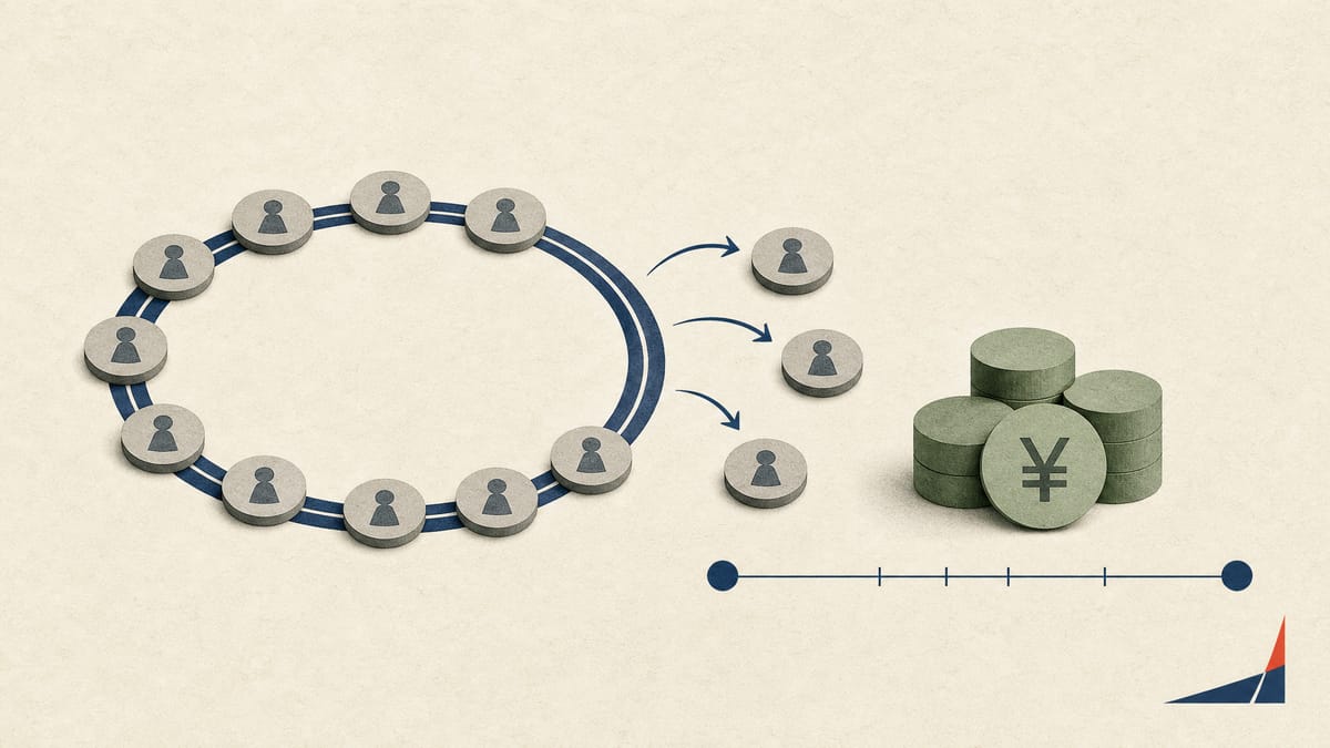 Abstract illustration of share tokens, yen markers and a June-to-December timeline representing a capped buyback program.
