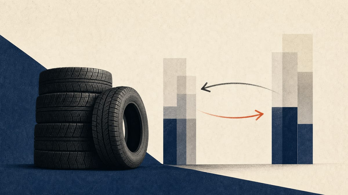 Editorial illustration of industrial tires with abstract arrows showing borrowed and lent share positions.