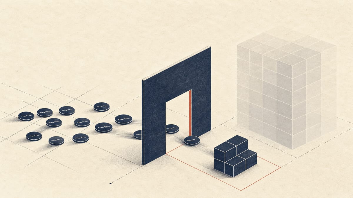 Abstract illustration of warrant tokens converting into a smaller-than-expected stack of new shares on a ledger grid.