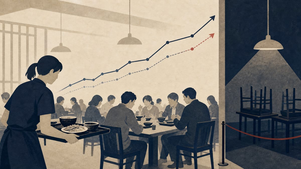 Editorial illustration of a busy restaurant floor with abstract sales data motifs and a small closed seating section.