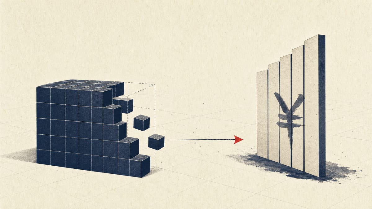 Abstract illustration of shrinking share blocks beside yen ledger bars to represent a completed share buyback.