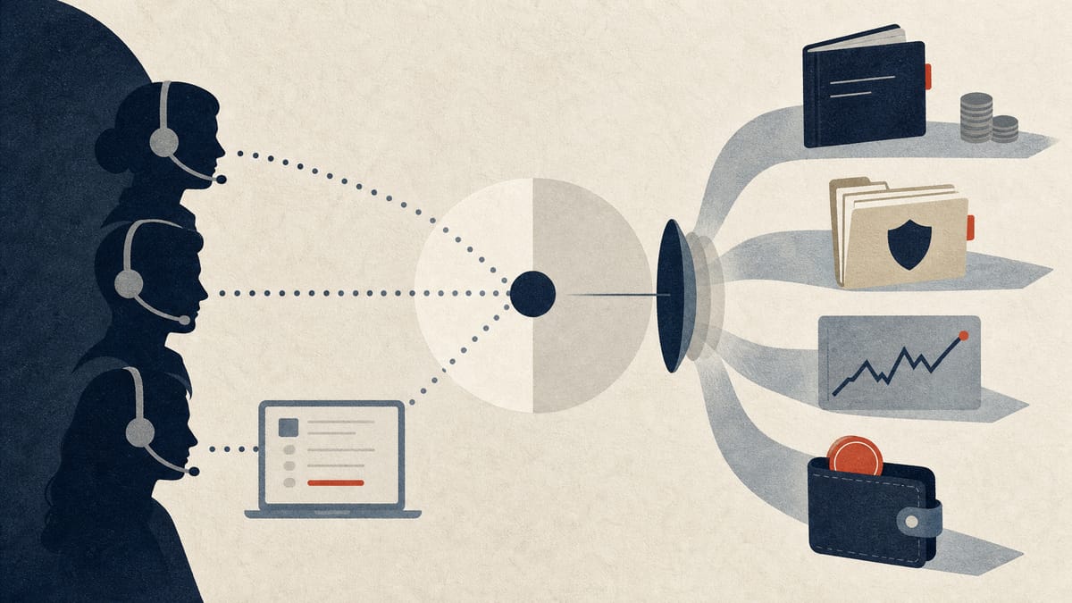 Editorial illustration of phone and web finance inquiries flowing into a regulator's intake queue.