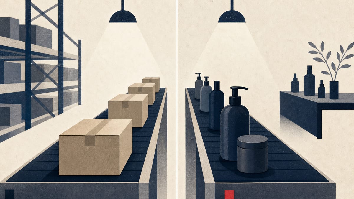 Editorial illustration of two parallel product-packing lines, one with generic cartons and one with salon bottles, representing G-cotta's business mix.