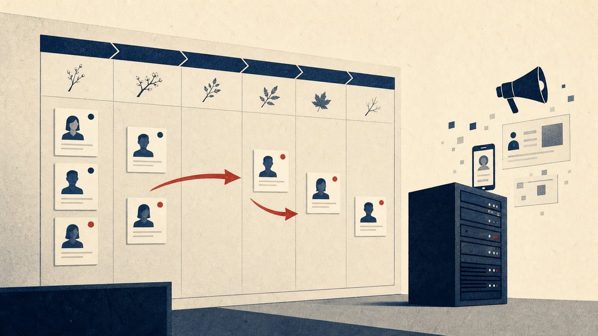 Editorial illustration of a recruitment workflow shifting from spring to later months, with server and marketing elements in the background.