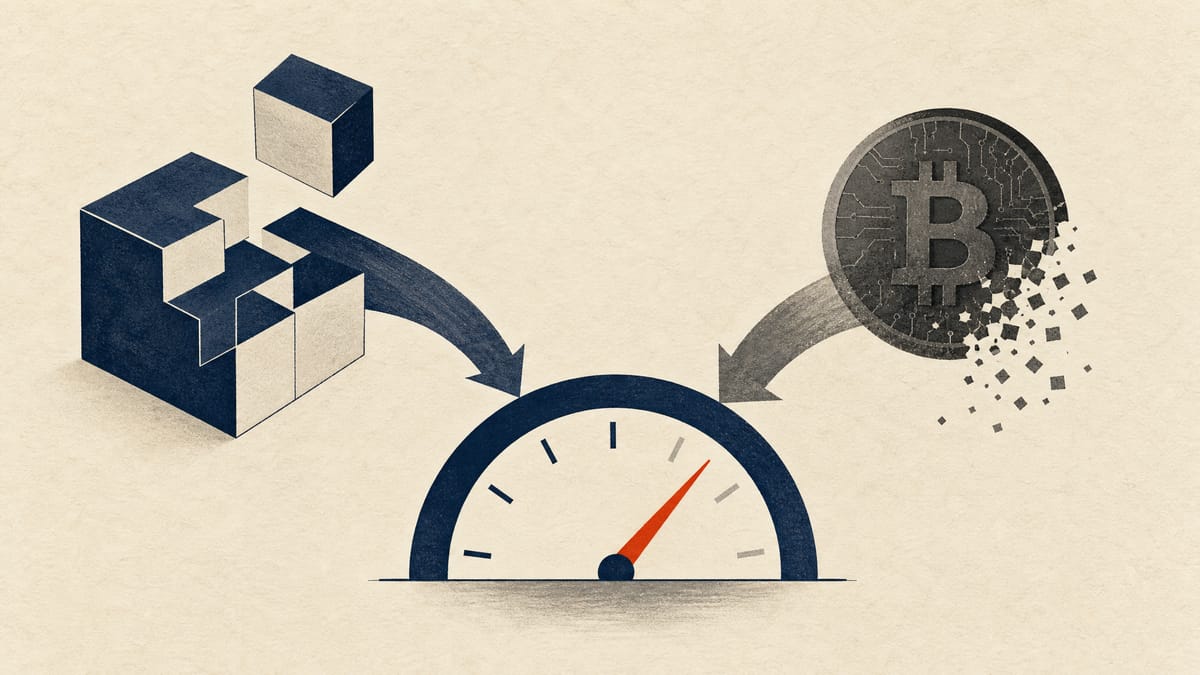 Illustration of share-sale, tax and bitcoin-loss components flowing into a corporate earnings gauge.