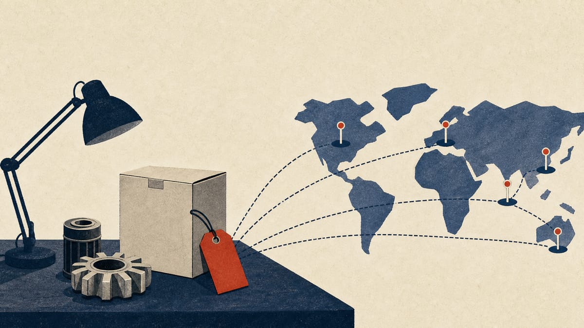 Prototype parts, packaging and abstract route lines representing overseas intellectual property protection