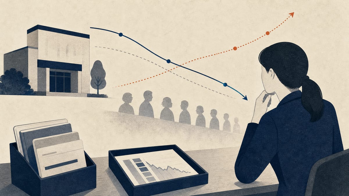 Editorial illustration of regional bank staff reviewing deposit and securities-risk data.