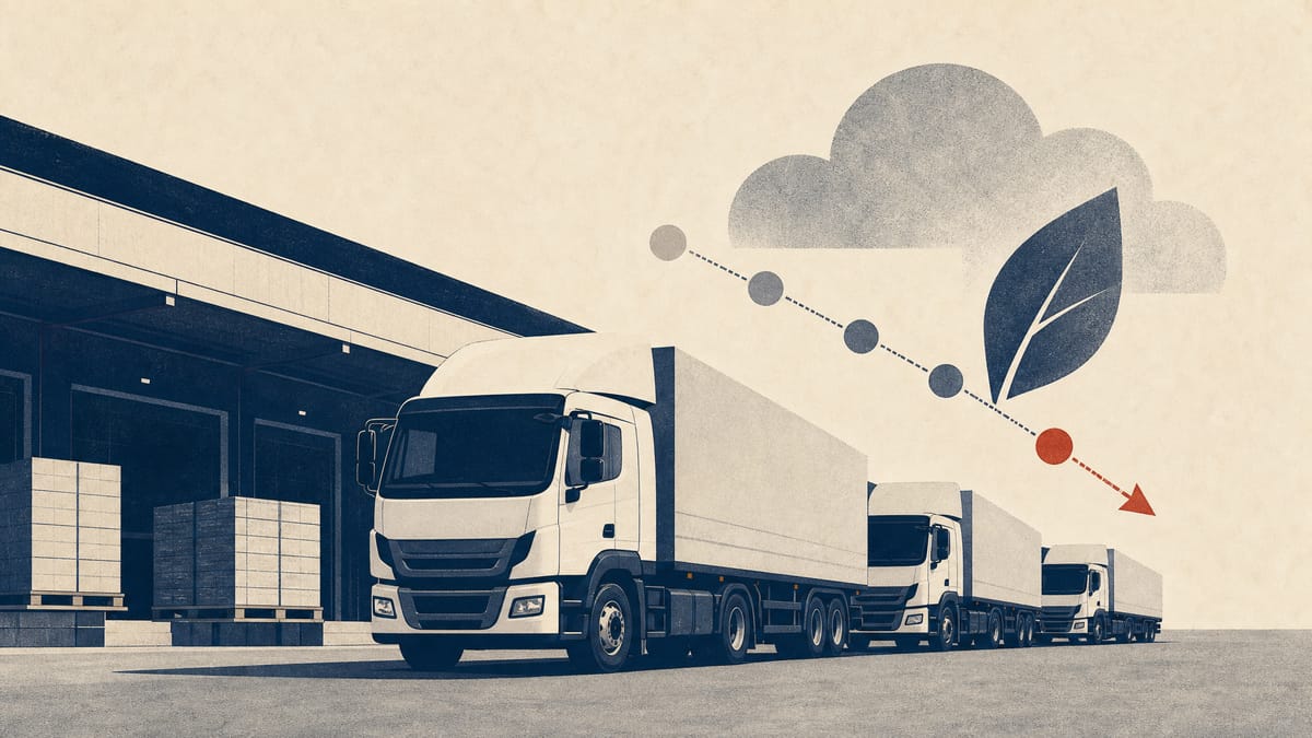 Heavy trucks lined up at a freight depot with an abstract CO2 reduction overlay.