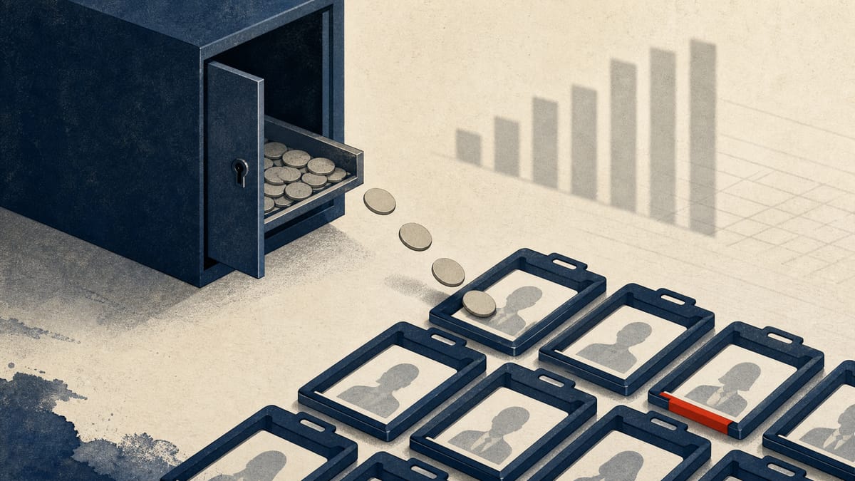 Editorial illustration of employee ID cards and share-like tokens moving from a secure storage cabinet into individual trays.