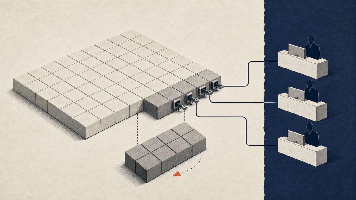 Abstract illustration of a large shareholder block with part of the shares linked into collateral arrangements.