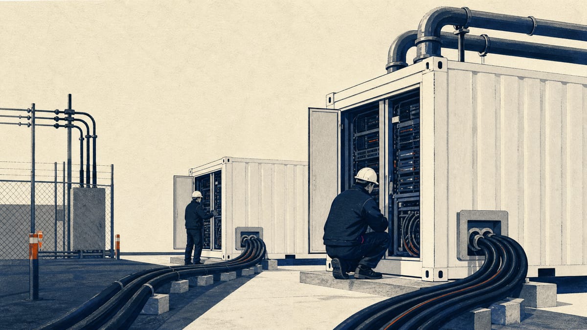 Containerized server units with power and cooling lines in an industrial yard, representing a GPU server trial facility.