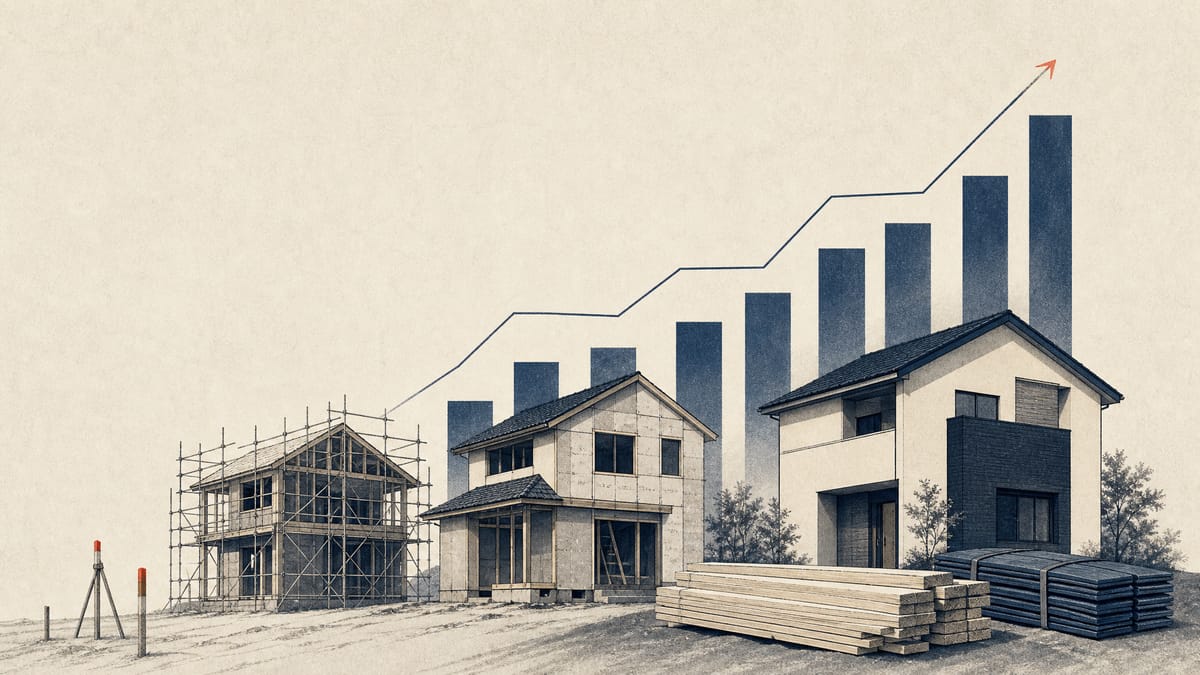 Editorial illustration of detached homes under construction in a suburban housing development with visual cues suggesting rising sales and orders.
