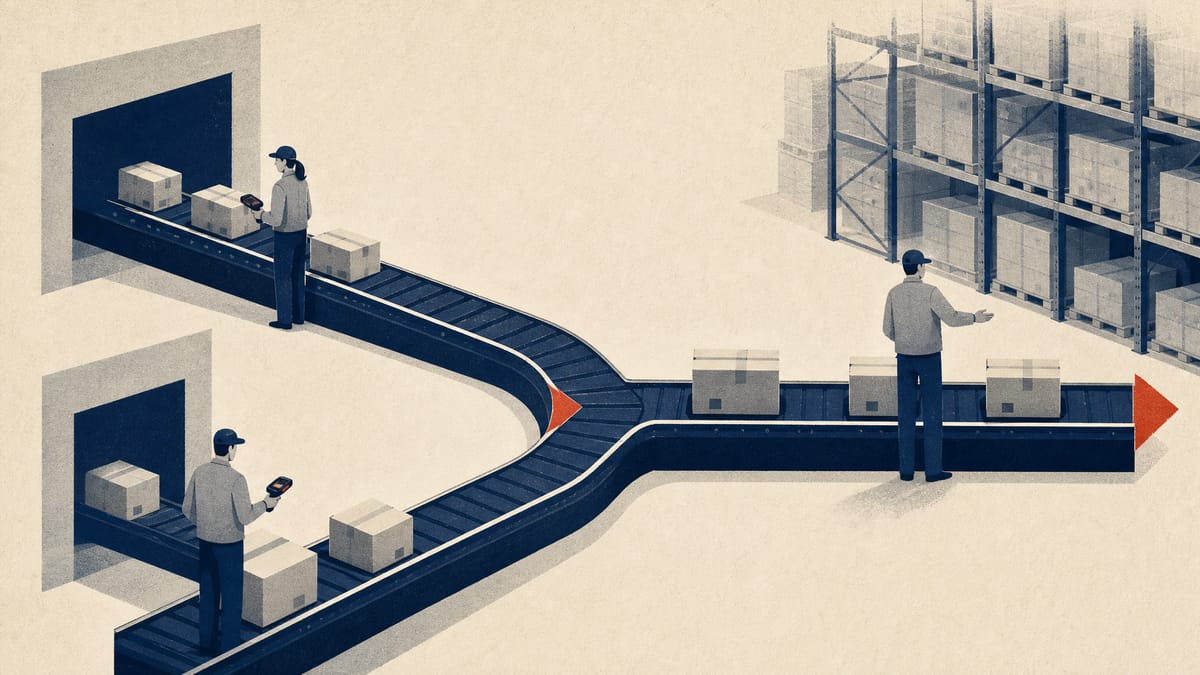 Editorial illustration of a fulfillment center processing salon-supply shipments on conveyor lines.