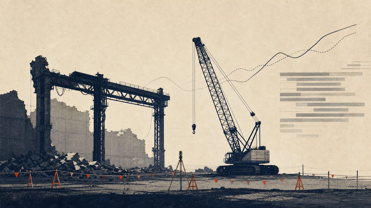 Editorial illustration of an industrial demolition site with safety barriers and subtle financial overlays.
