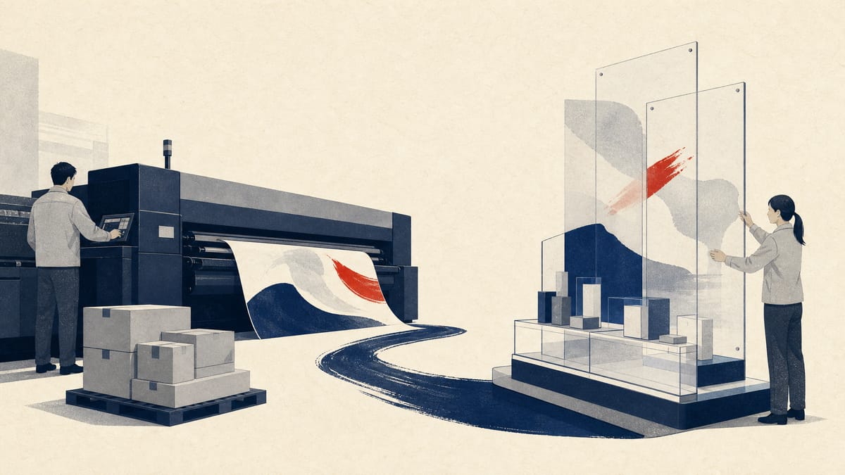 Editorial illustration of large-format printing and digital signage equipment beside packaged promotional materials in a production space.