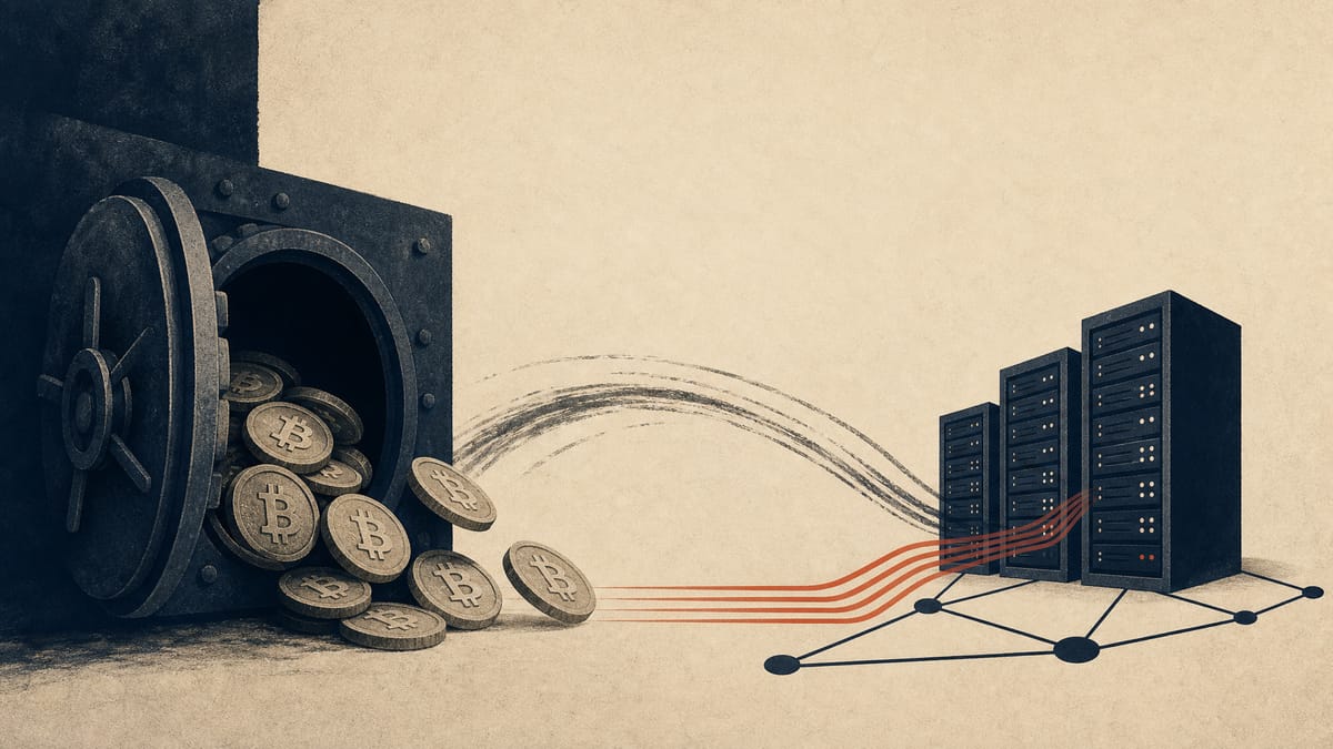 Editorial illustration of digital coins leaving a corporate vault as funds flow toward validator server racks and network nodes.