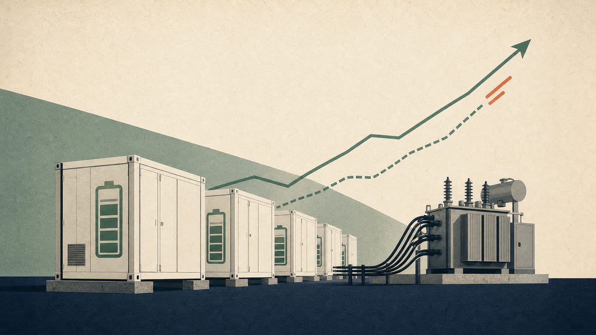 Containerized battery storage units and transformer equipment at an industrial energy site, illustrating battery-led earnings growth.