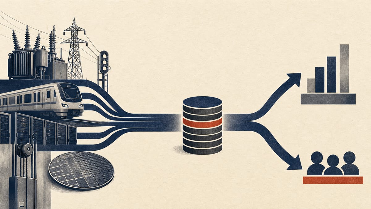 Editorial illustration of industrial assets and data-like cash flows splitting between investment and shareholder returns.