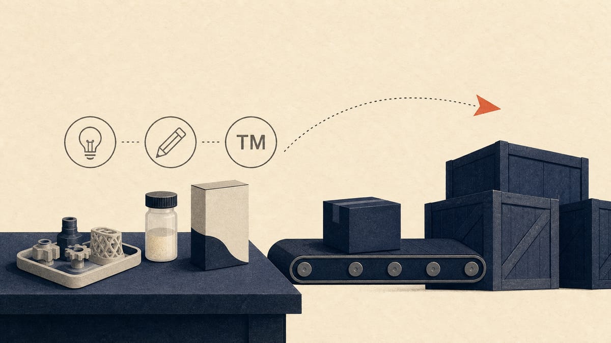 Editorial illustration of product prototypes and packaging moving toward overseas IP protection symbols.